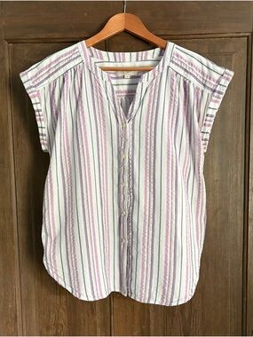 LOFT White and Lavender Striped Short-Sleeve Button Top